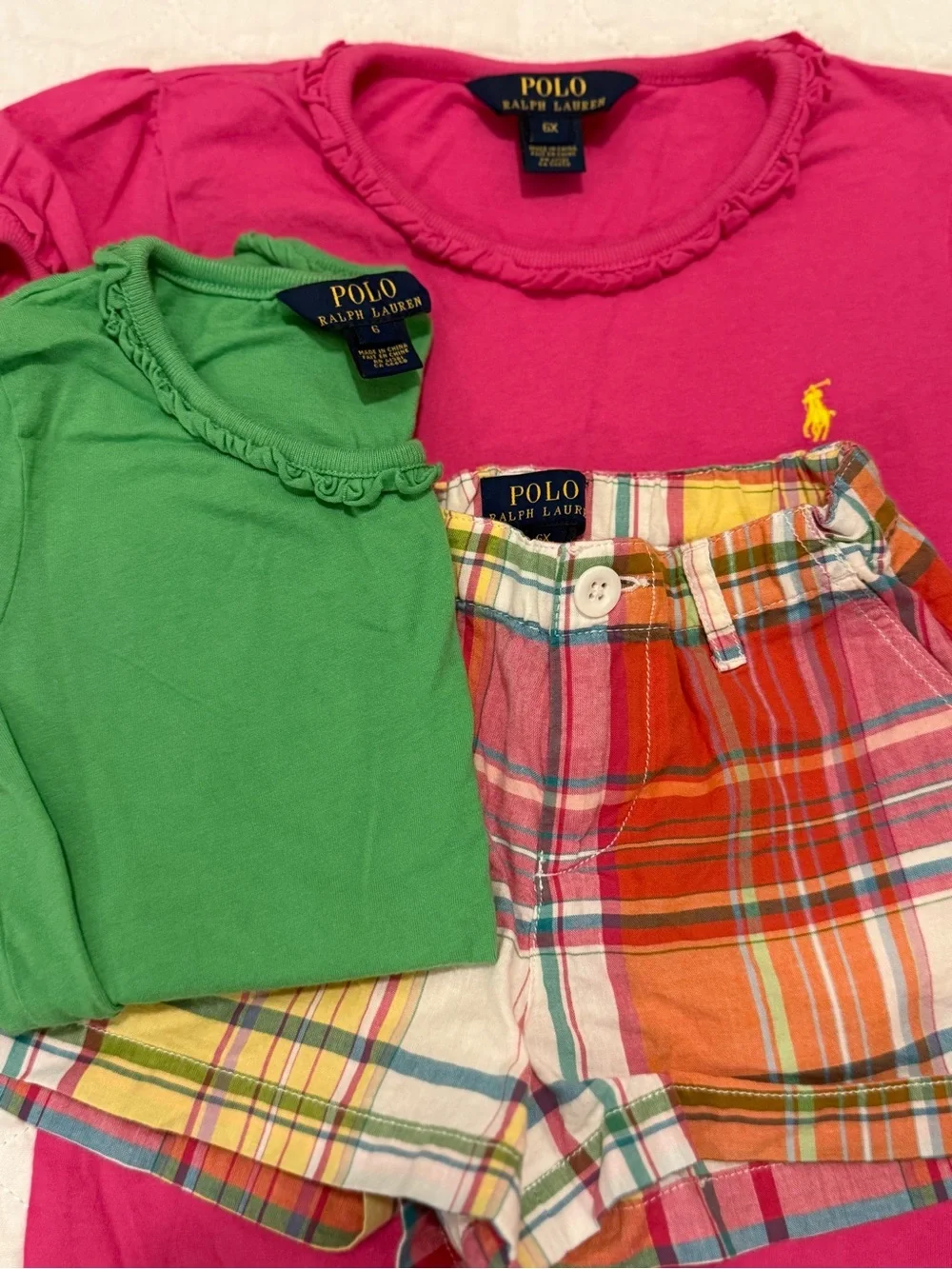 Ralph Lauren Hot Pink Polo Tee with Multicolor Plaid Shorts and Green Ruffle Top